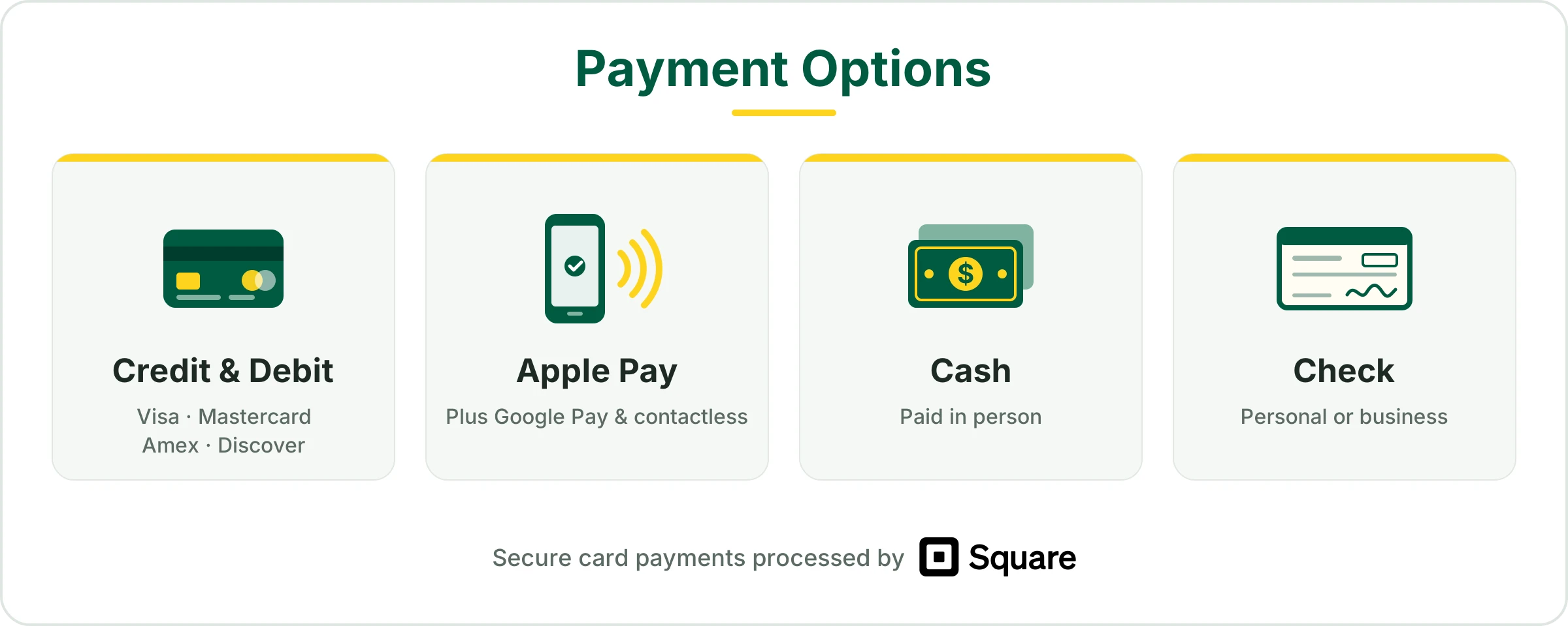 Payment options: credit and debit cards (Visa, Mastercard, Amex, Discover), Apple Pay, cash, and check. Card payments processed by Square.